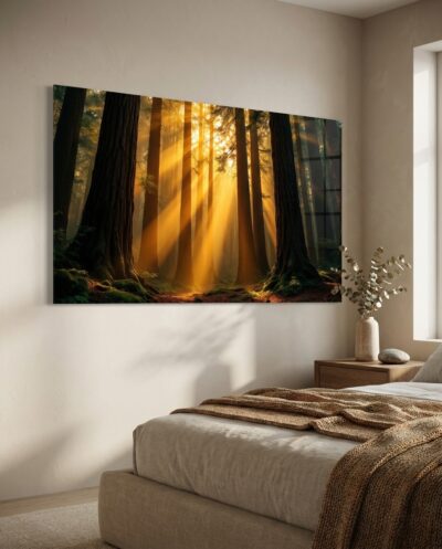 Towering pines rise like ancient columns as golden shafts of light pour through drifting mist onto a mossy forest floor.