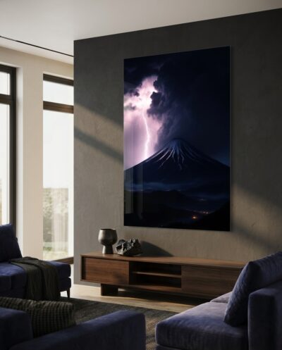 A single fork of electric-white lightning splits the night, lighting Mount Fuji beneath a towering wall of storm cloud.