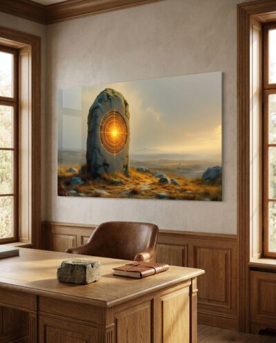 An upright standing stone holds a glowing carved sun disc, its ochre rays kindling to fire as dawn light spreads across a misted moor.