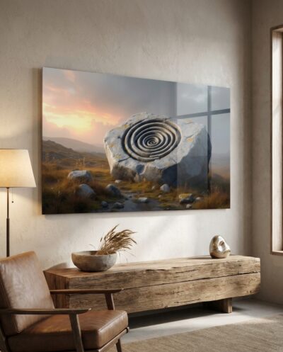Deep concentric spirals coil across an ancient boulder, their grooves alive with shadow and lingering ochre under a raking moorland dawn.