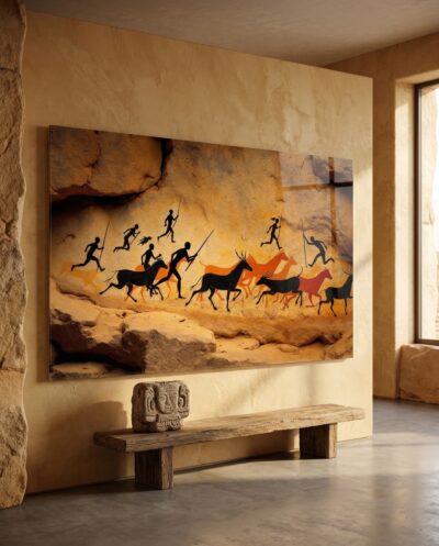Slender hunters with raised spears close around a galloping herd of ochre and crimson horses, the oldest story of the chase painted on living stone.