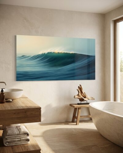 A smooth blue-green swell rolls forward, muscular yet serene, a thread of light gliding along its rounded crest.