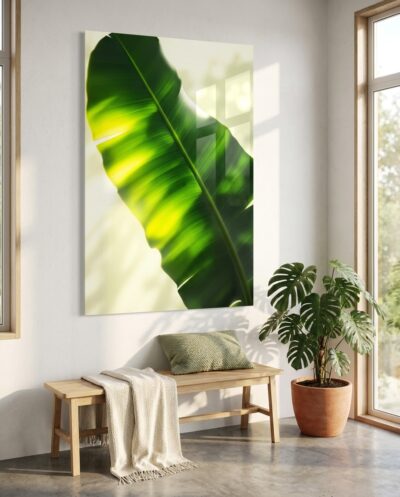 A broad banana leaf glows translucent as sunlight pours through its ribbed parallel veins and gently torn edges.