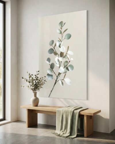 A single eucalyptus stem rises in silvery-green coins of leaf against a pale, open ground, fresh, weightless and calming.