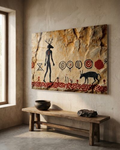 A horned, part-animal shaman strides above a band of red dots, flanked by enigmatic discs and a grazing stag, the cave's quiet guardian of ritual.