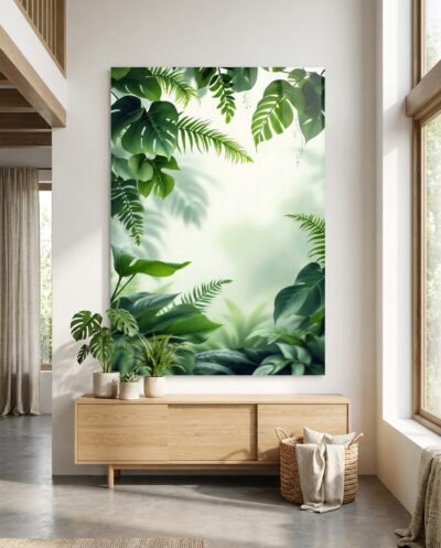 Tropical leaves frame a luminous center, crisp fronds near the edges dissolving inward toward a soft, breathing green mist.