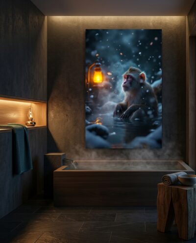 A snow monkey rests chest-deep in a steaming hot spring as snow drifts through the dark, warmed by a single amber lantern glowing just out of frame.