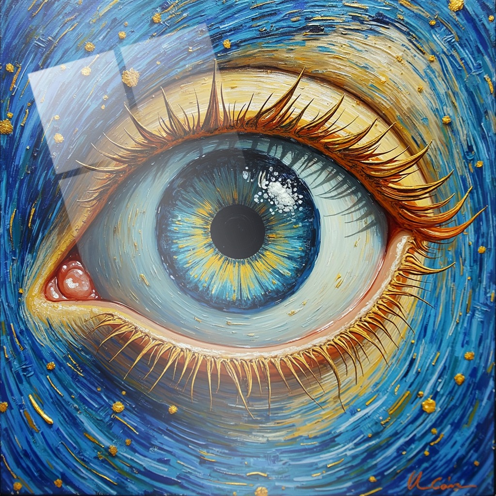 A single human eye rendered in swirling cobalt and gold, its iris radiating like a tiny sun against a starlit, impasto-textured field.