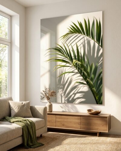 Palm fronds cast crisp graphic shadows across a pale sunlit wall, light and leaf composing a quiet geometry.