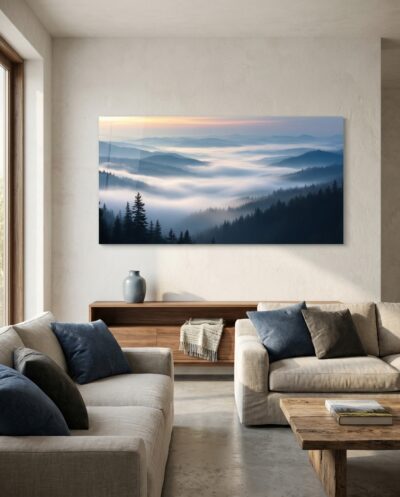 A vast mountain valley brims with rolling fog as ridge upon ridge fades softly into silver distance.