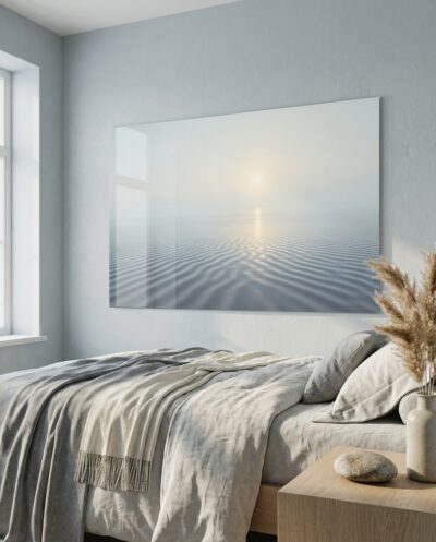 At low tide, ribbed wet sand carries thin mirrors of a misted dawn toward a soft, dissolving horizon.