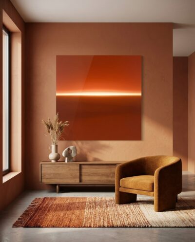 A single thread of incandescent light splits a deep terracotta field, glowing like dawn breaking across an endless burnt-orange horizon.