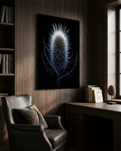 A spiny thistle glows cold against deep black, its filaments backlit like frost catching the last thread of winter light.