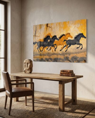 A drift of small horses gallops across sunlit stone, manes flying, charcoal and ochre bodies overlapping in pure, breathless motion.
