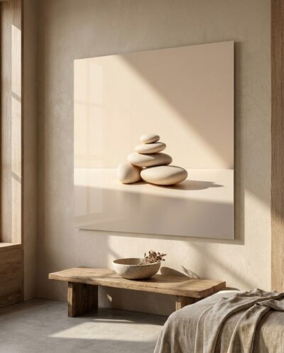 Smooth pale stones rest in quiet balance on a warm neutral ground, their long soft shadows pooling in low golden light.