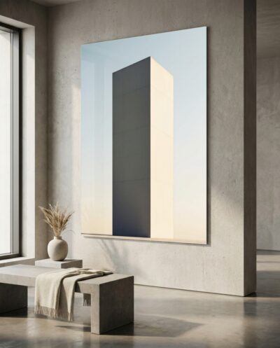 A lone concrete tower rises against a soft gradient sky, one face golden with light, the other sinking into cool, weighted shadow.