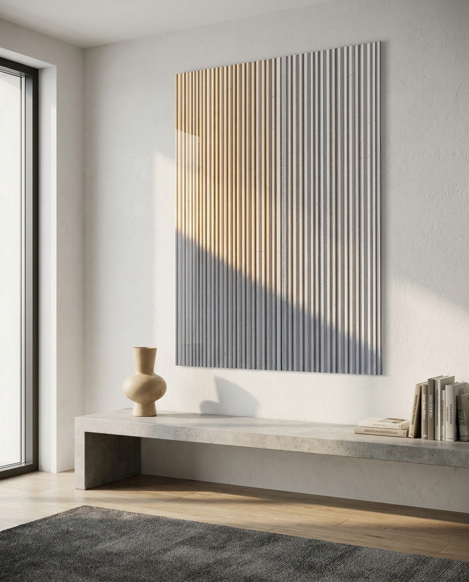 Warm raking sunlight glides across a ribbed, board-marked concrete surface, drawing out every fluted line and quiet seam.
