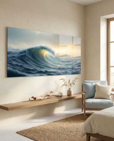 A single wave curls and breaks, its crest lit from behind so the spray glows like scattered gold against the dusk.