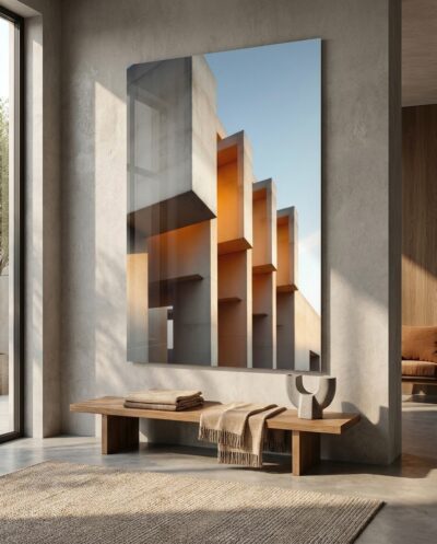 Cantilevered concrete volumes stack and overhang against a clear sky, carved by warm light and blades of directional shadow.