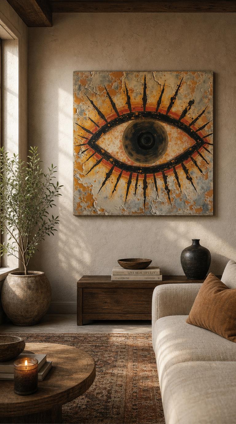 A single radiant eye stares from a weathered ochre wall, its black iris swirling at the center of a sunburst of jagged rays.