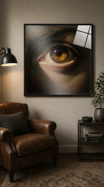 A single amber eye emerges from deep shadow, its honeyed iris catching light against the cracked, varnished surface of an old master canvas.
