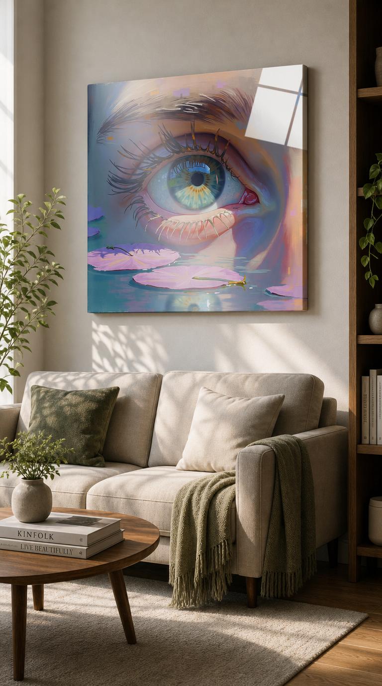 A close-up human eye blooms above a still pond of lavender lily pads, its iris reflecting a sunlit garden in soft impressionist brushwork.
