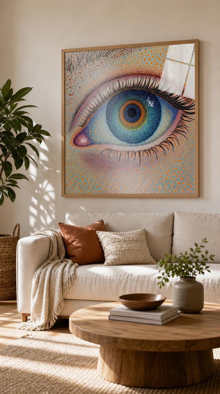 A human eye rendered entirely in meticulous dots, its blue iris ringed with amber and gold against a warm, stippled field of skin.