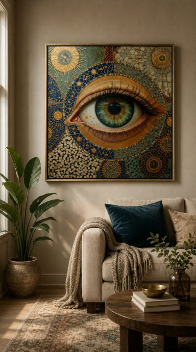 A single luminous eye opens at the center of a gilded mosaic, ringed by golden suns and labyrinths of lapis and jade tesserae.
