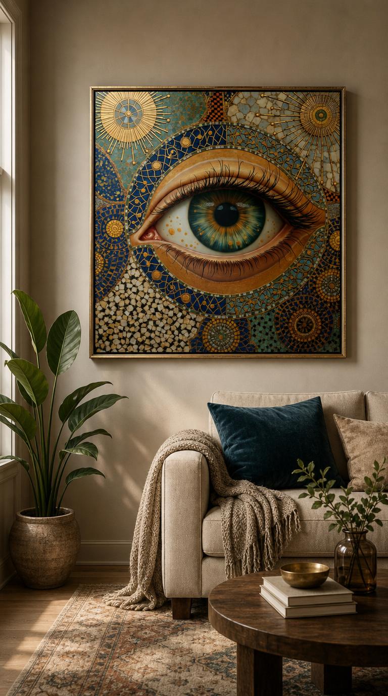 A single luminous eye opens at the center of a gilded mosaic, ringed by golden suns and labyrinths of lapis and jade tesserae.
