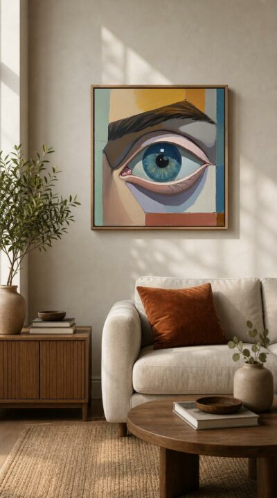 A single blue eye gazes from a mosaic of muted color blocks, its iris rendered in thick, deliberate brushwork against geometric calm.