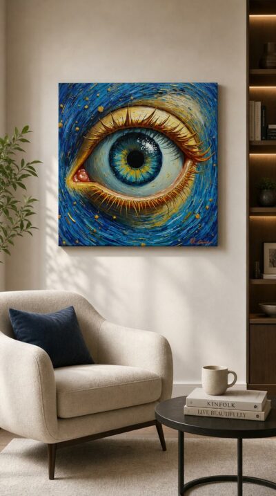 A single blue eye blooms from a swirling cobalt field flecked with gold, its iris radiating like a sun caught in thick, churning brushwork.