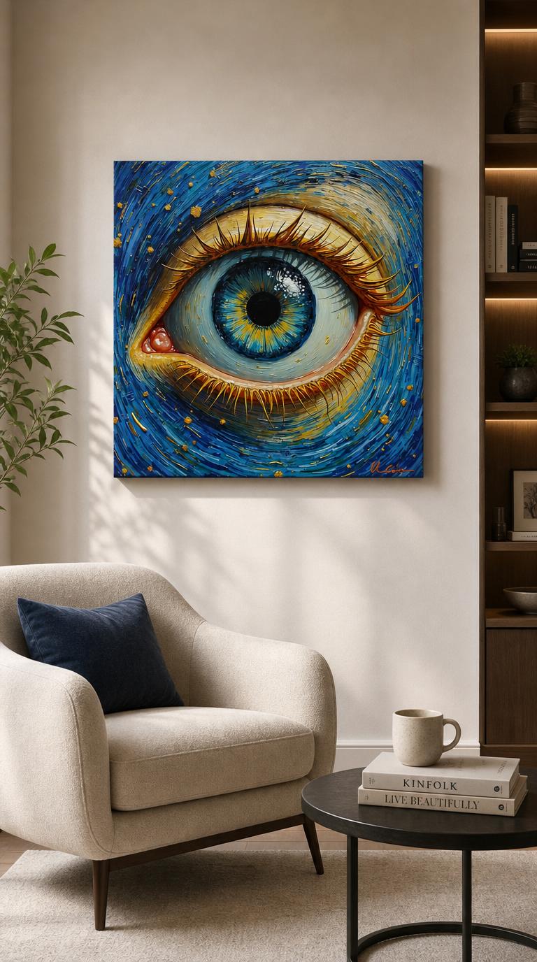 A single blue eye blooms from a swirling cobalt field flecked with gold, its iris radiating like a sun caught in thick, churning brushwork.
