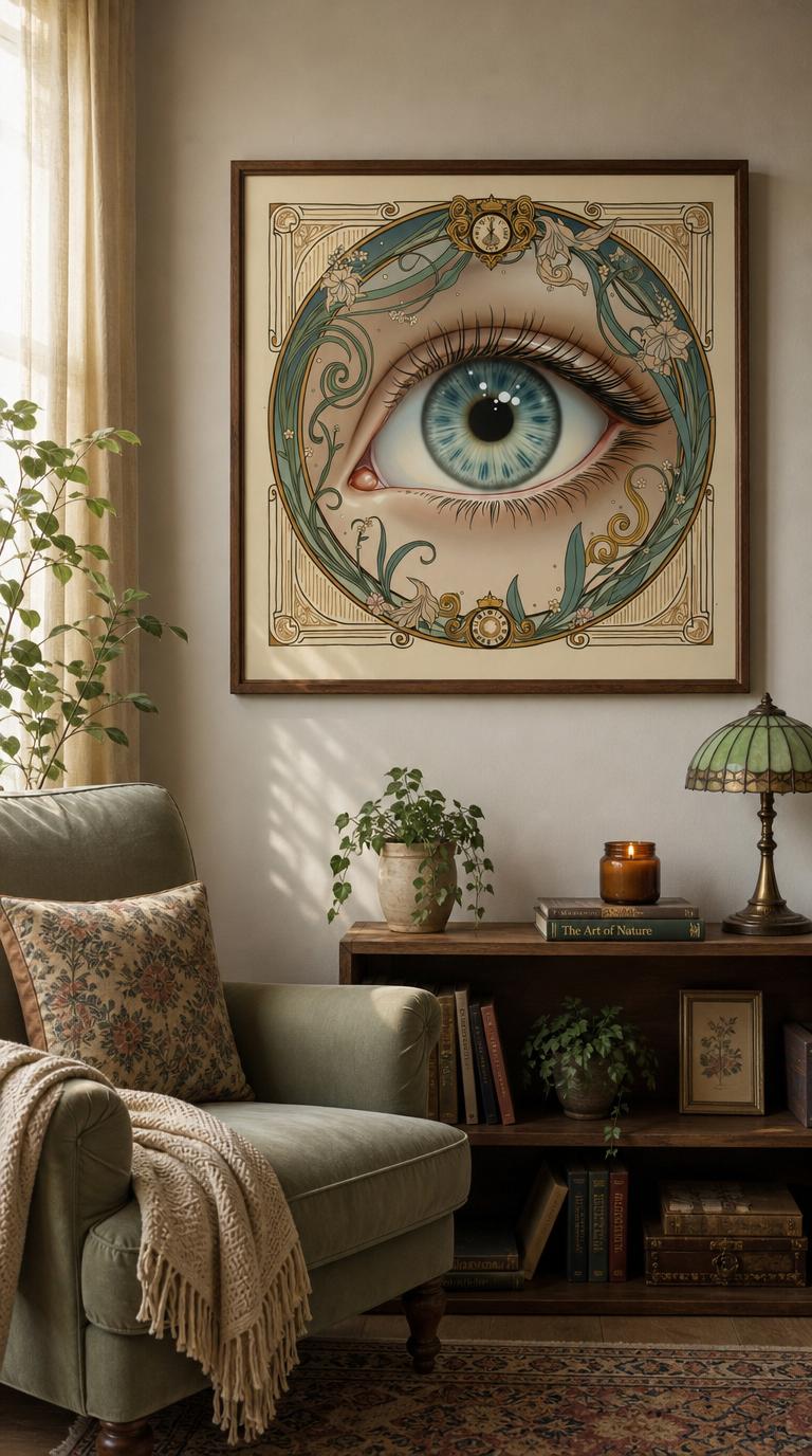 A blue-green iris rendered in luminous detail, encircled by sinuous vines, pale blossoms, and gilded medallions in the Art Nouveau manner.