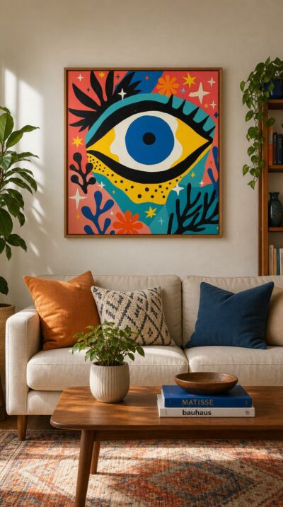 A single bold eye, ringed in cobalt and gold, floats among black coral fronds, stars, and cut-paper flowers in saturated color.
