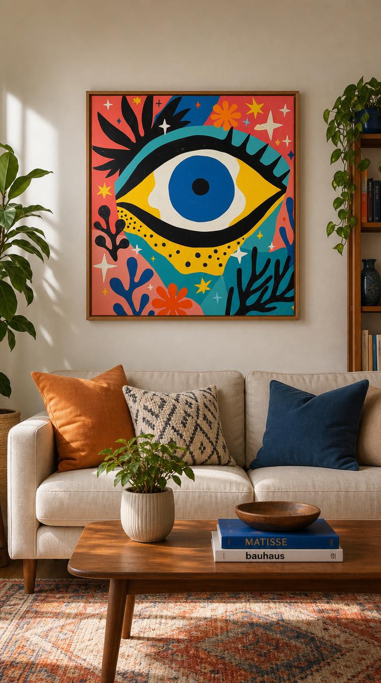 A single bold eye, ringed in cobalt and gold, floats among black coral fronds, stars, and cut-paper flowers in saturated color.