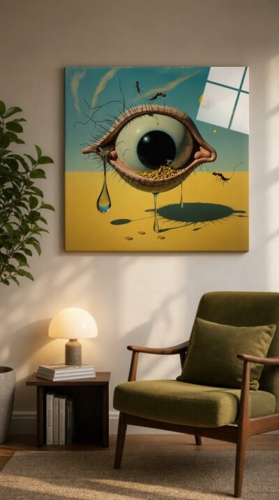 A colossal eye weeps crystalline tears across a sunlit desert, its socket cradling gold coins while ants and a floating sphere drift through still air.