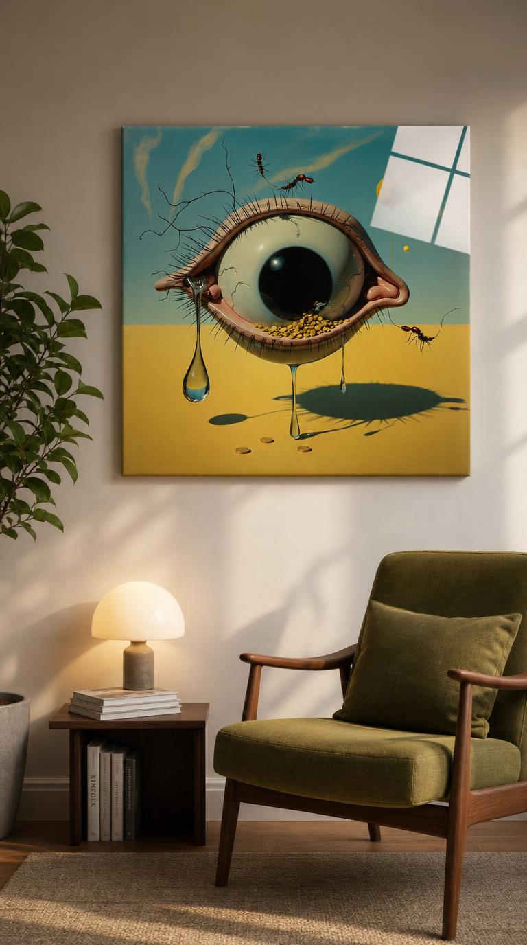 A colossal eye weeps crystalline tears across a sunlit desert, its socket cradling gold coins while ants and a floating sphere drift through still air.
