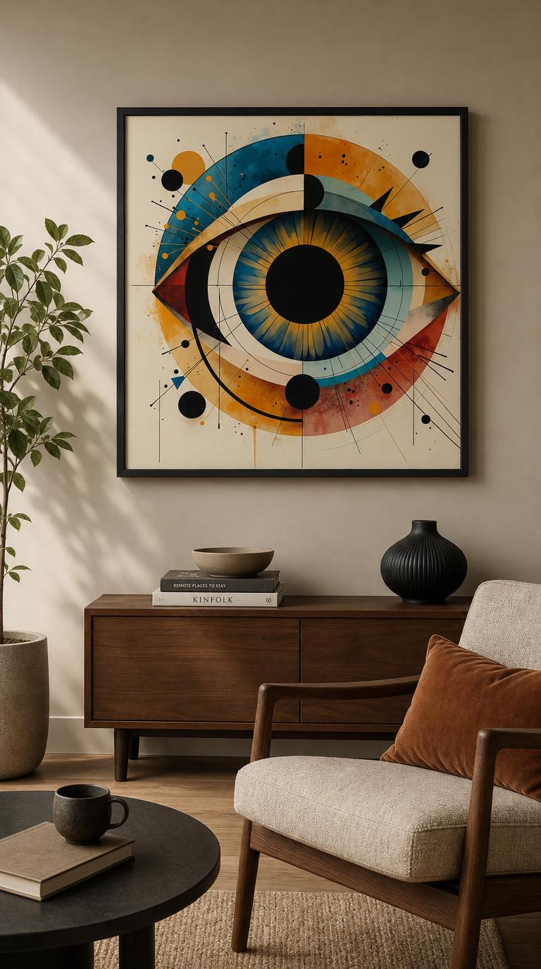 A monumental eye rendered as a cosmos of orbiting circles, radiating lines, and split fields of blue and ochre.