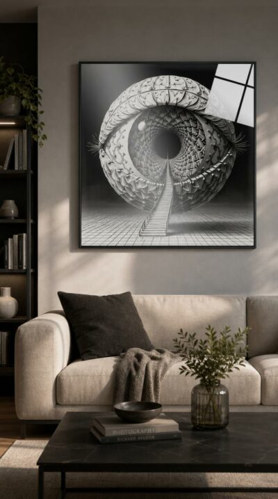 A colossal eye built from interlocking tessellations opens into a black void, while a vertiginous staircase climbs toward its dark pupil.