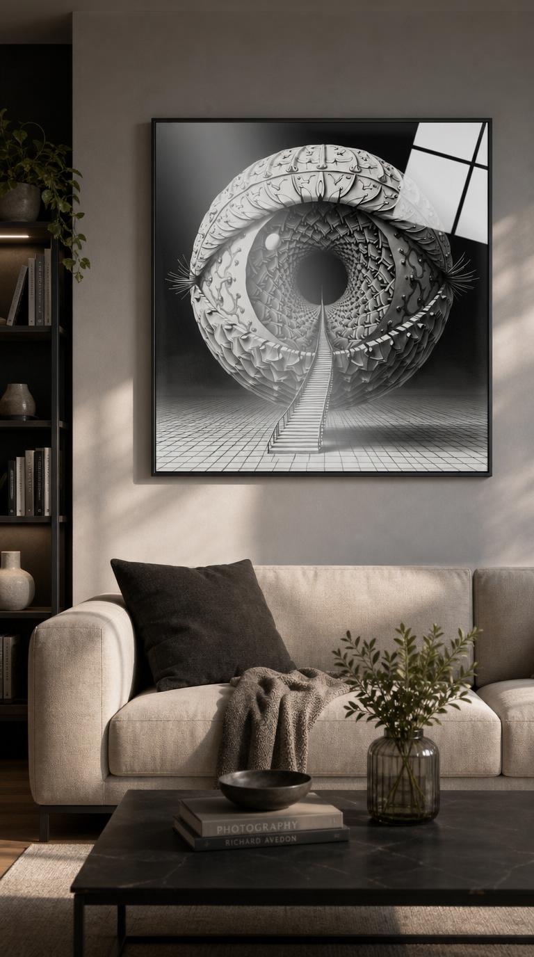 A colossal eye built from interlocking tessellations opens into a black void, while a vertiginous staircase climbs toward its dark pupil.