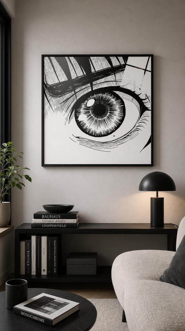 A single eye rendered in dense ink hatching, its radiant iris and heavy lashes filling the frame with monochrome intensity.
