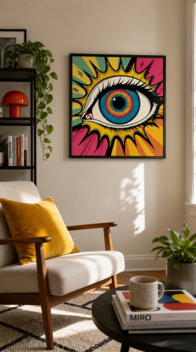 A single eye opens wide against radiating rays and Ben-Day dots, its iris banded in cyan, magenta and gold like a comic-book sunburst.