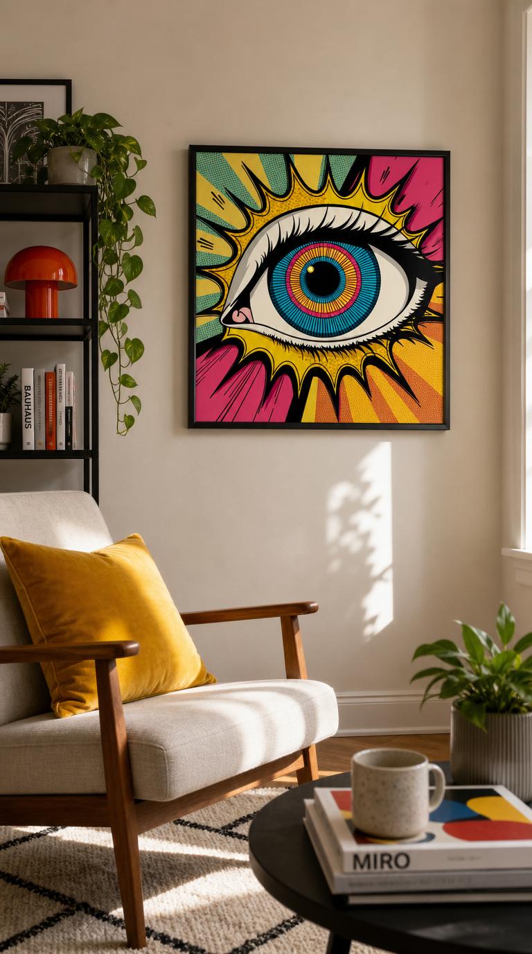 A single eye opens wide against radiating rays and Ben-Day dots, its iris banded in cyan, magenta and gold like a comic-book sunburst.
