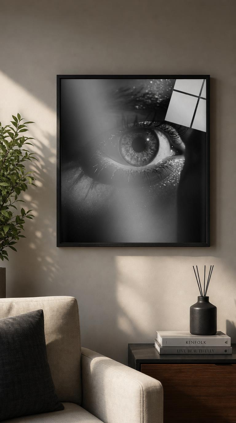 A monochrome close-up of a human eye, lashes beaded with light, the iris caught in a single sharp glint against deep shadow.