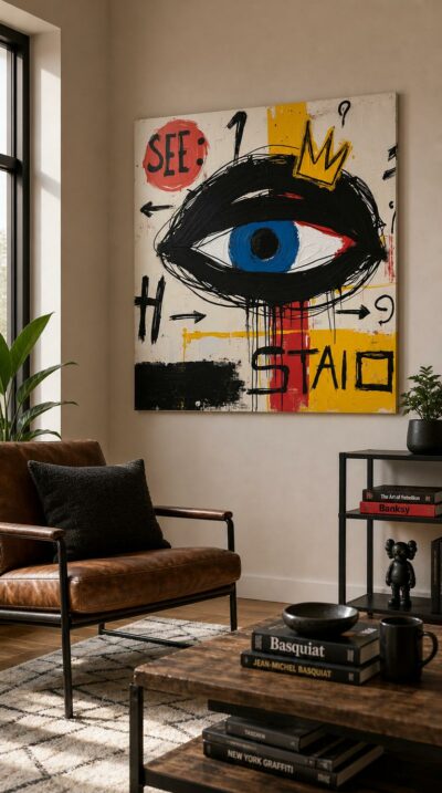 A single eye crowned in gold stares out from a field of raw brushwork, scrawled words, and bleeding primary color.