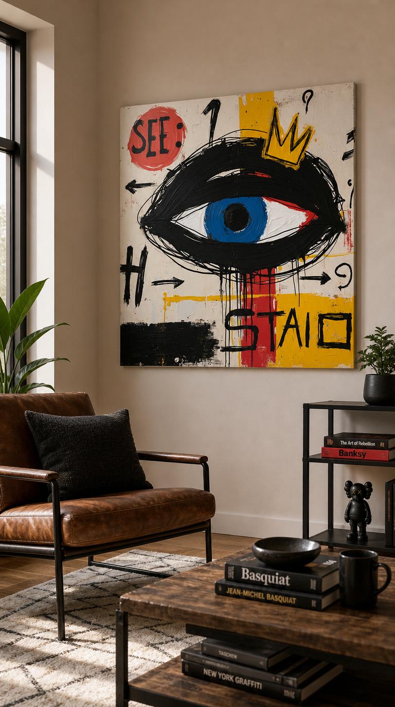A single eye crowned in gold stares out from a field of raw brushwork, scrawled words, and bleeding primary color.
