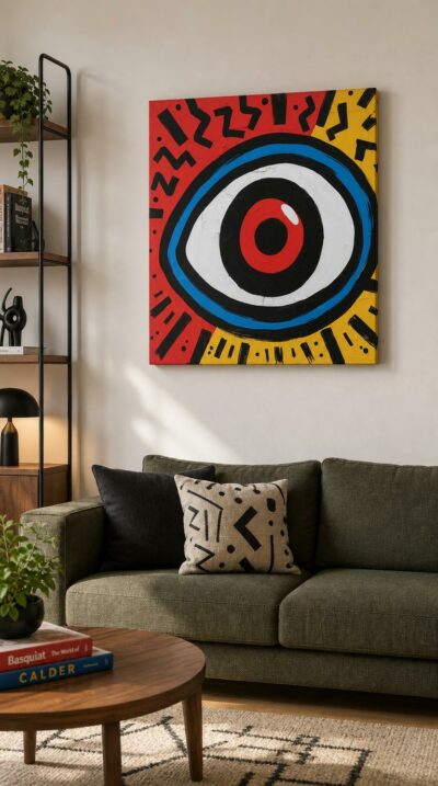A bold concentric eye stares from a field of red and yellow, ringed by black brushstrokes and radiating energetic marks.