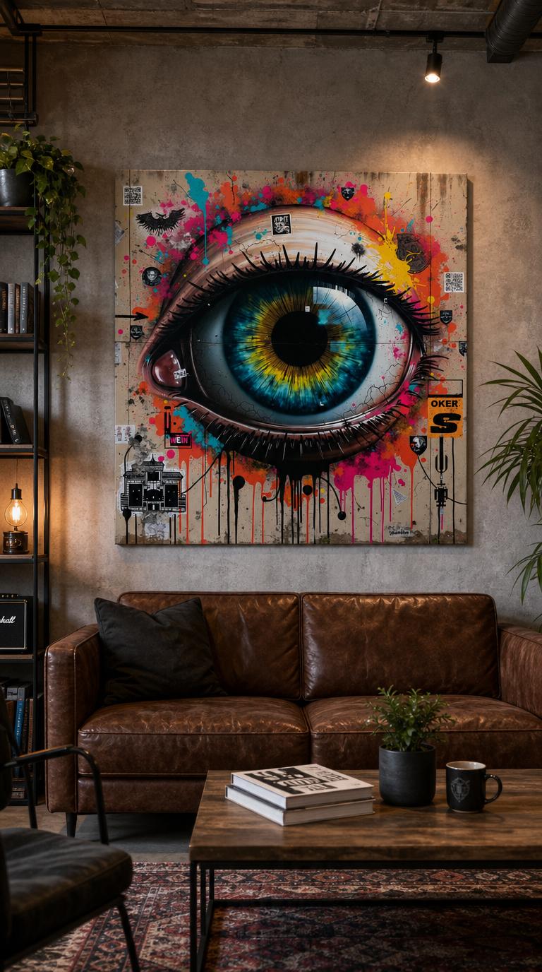 A monumental human eye blooms across weathered concrete, its iris swirling with blue and gold beneath splatters of neon spray paint and layered stencils.