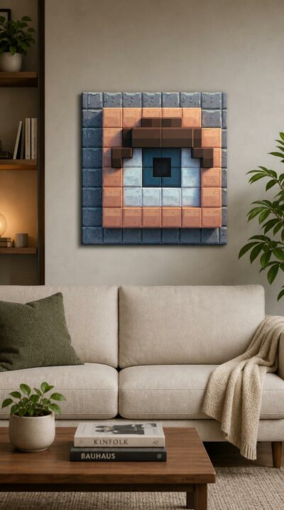 A single human eye built entirely from chunky cubes, its blue iris and dark pupil set against warm flesh-toned blocks and a cool stone-gray wall.