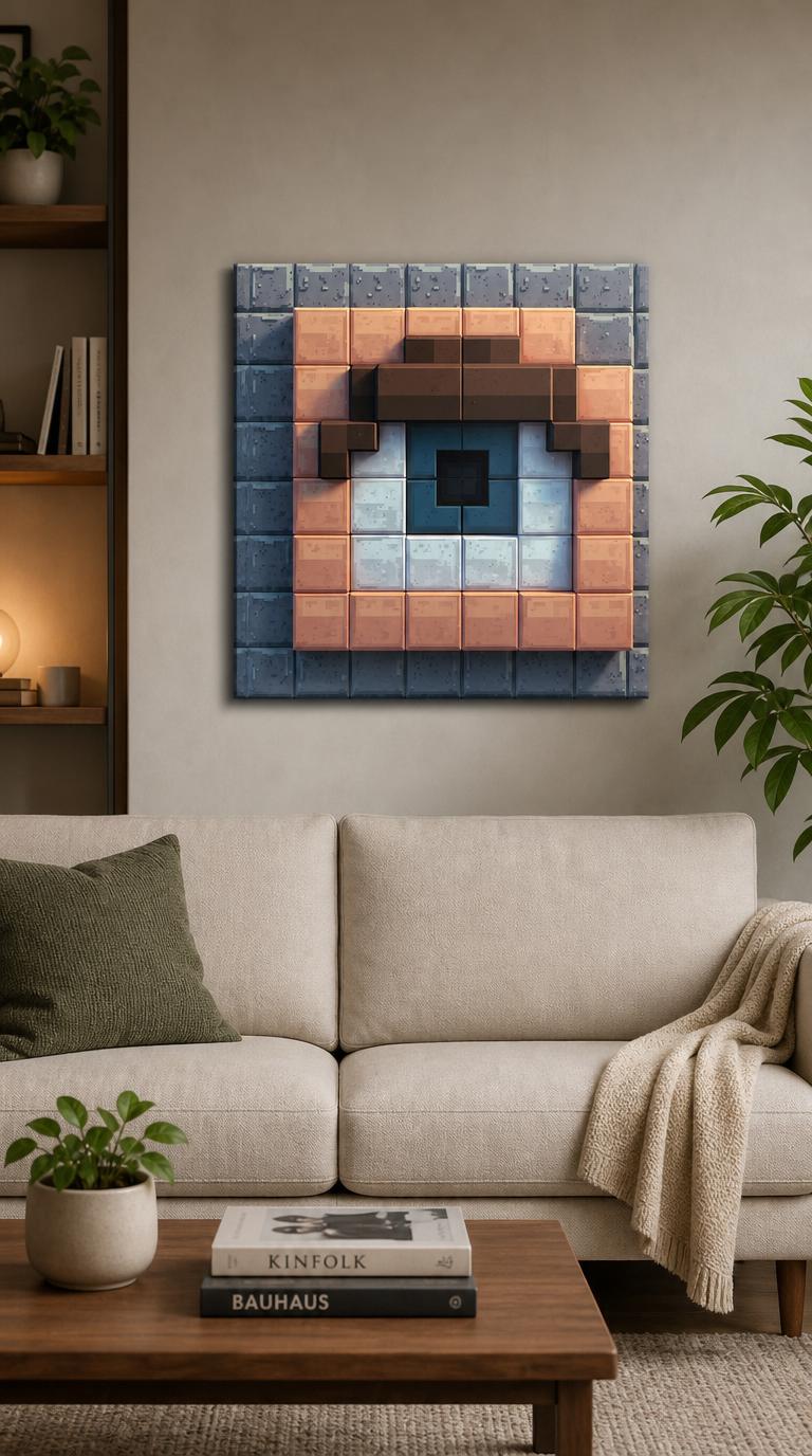 A single human eye built entirely from chunky cubes, its blue iris and dark pupil set against warm flesh-toned blocks and a cool stone-gray wall.